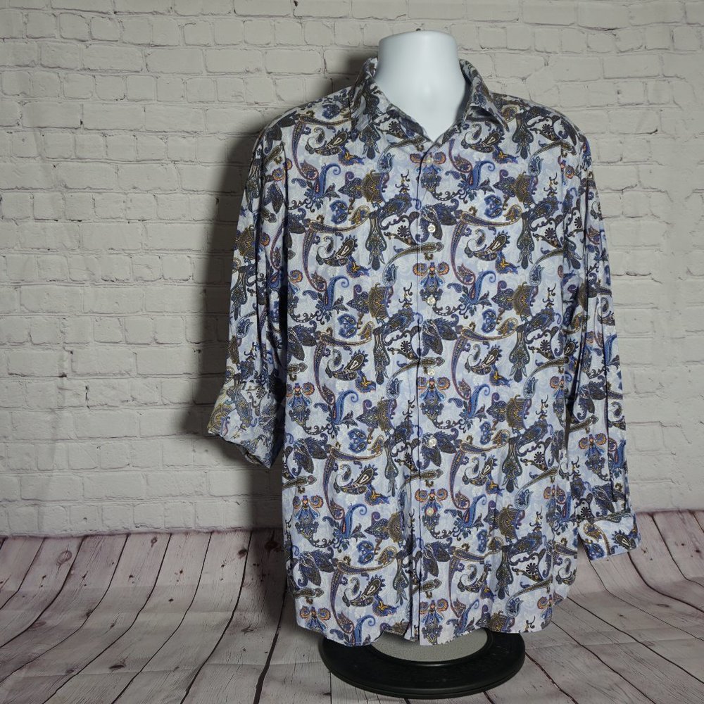 Daniel Cremieux Button Up Shirt Xtra Lar Blue Paisley Long Sleeve Cotton Stretch